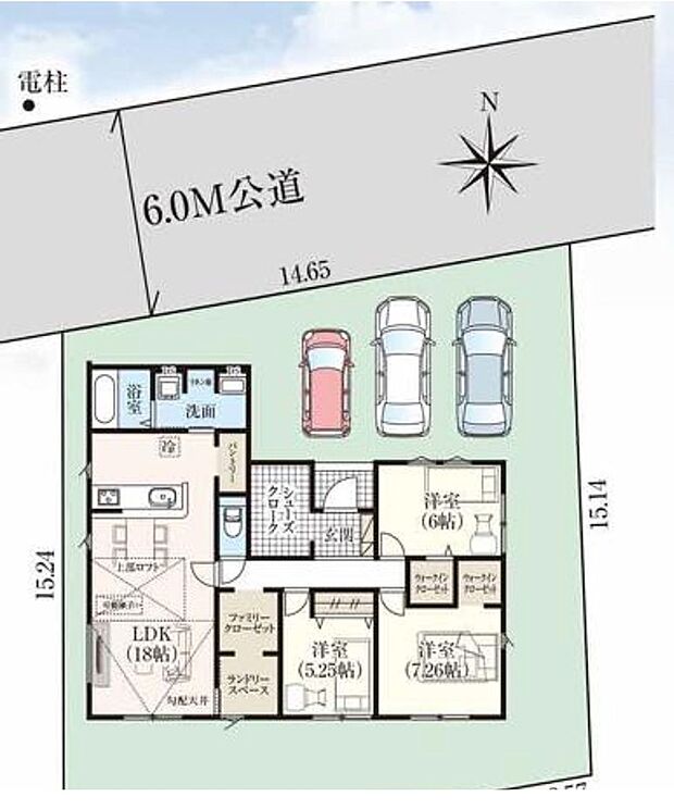 【全体区画図】カースペースは並列3台分ご用意しております。