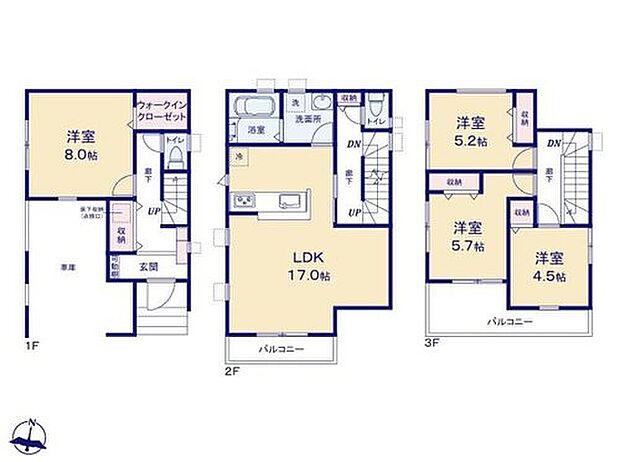 【4LDK】◆明るい２階リビング♪広々17帖のＬＤＫ
◆まとまった水回り設計
◆お部屋すっきり全室収納付き♪WICもあります
◆日当たり良好♪２階と３階に南向きバルコニー
◆24時間換気システムなど設備も充実