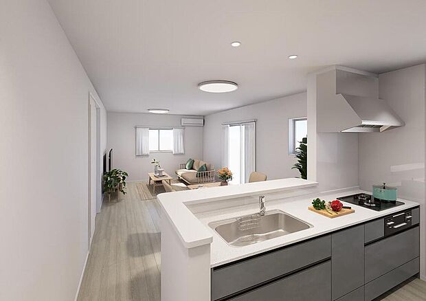 【完成予想図(キッチン・内観)】【1号棟】キッチン完成予想図
収納たっぷりのシステムキッチンは、リビングを見渡せる開放的なつくり。家族との会話を楽しみながら家事ができる快適な空間です。
