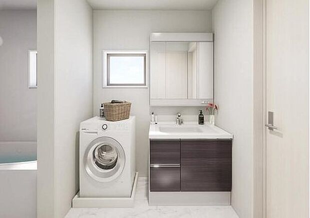 【【完成予想図(洗面所)】】ワイドな鏡と収納を備えた洗面化粧台。ご家族皆さんの小物などもすっきりと片付きます。※家具、家電、照明器具、小物、カーテン、その他のイメージはCG です。