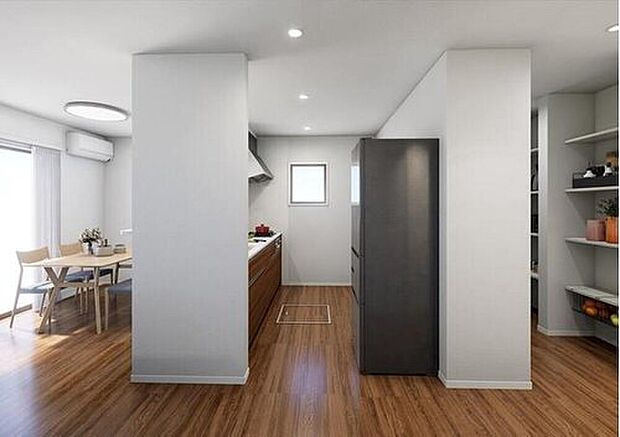 【完成予想図(キッチン)】人気の対面式キッチンです!水回りがまとまった設計で家事動線がスムーズ♪※家具、家電、照明器具、小物、カーテン、その他のイメージはCG です。