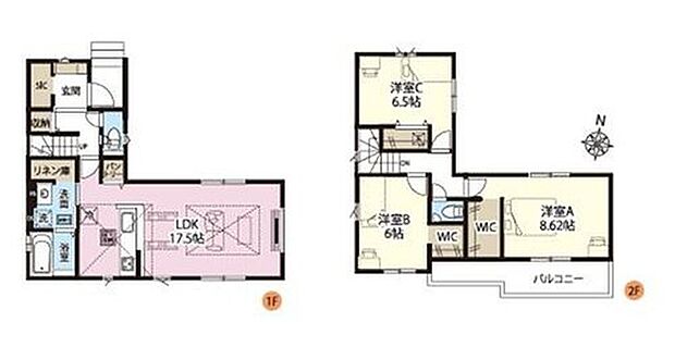 【3LDK】◆広くて明るい17.5帖のＬＤＫ♪リビングが見渡せる対面キッチン
◆動きやすいまとまった水回り設計
◆２居室にＷＩＣ、玄関にＳＩＣ、洗面所にリネン庫など収納豊富な間取り