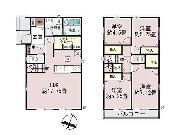 【4LDK】◆家族の会話が自然と弾むリビングイン階段×対面キッチン♪
◆使い方自在な大容量のFC!可動棚が備わる空間を最大限に活用できます♪
◆WIC備わる主寝室!そのほかも全居室ワイドな収納でしっかり片付きます♪