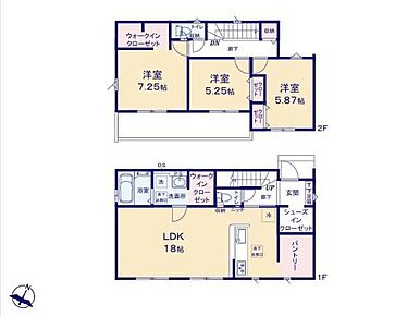 ◆リビング広々18帖のＬＤＫ♪リビングが見渡せる対面キッチン◆家事動線がスムーズ♪まとまった水回り設計◆主寝室と洗面所にＷＩＣ、キッチンにパントリー、玄関にＳＩＣのある収納豊富な間取り 