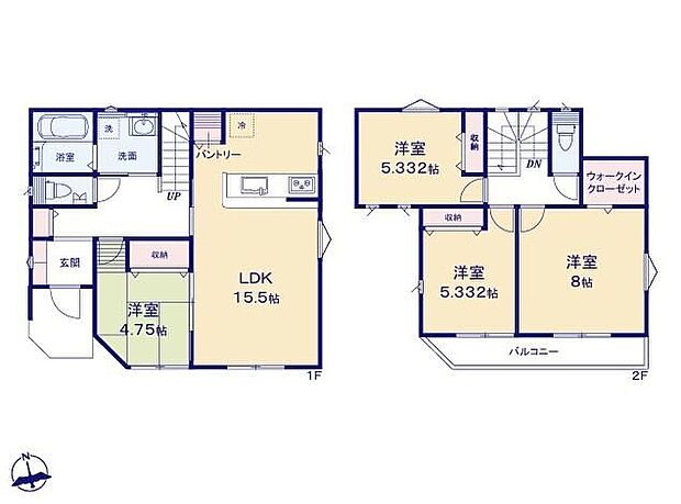 【4LDK】◆お料理しながらリビングが見渡せる対面キッチン
◆玄関から洗面室へ直行できるので帰宅後すぐに手洗い、うがいができます
◆全室収納付き♪８帖の主寝室にはＷＩＣがあります