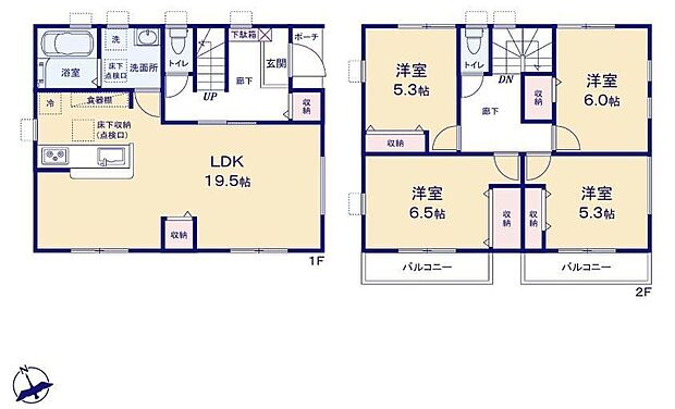 【4LDK】◆リビング掃き出し窓はシャッター完備のため、防犯面も安心♪
◆広々19.5帖のLDK！対面キッチンからはLDK全体を見渡せます♪
◆2か所にバルコニー♪お洗濯ものもたくさん干せます♪
