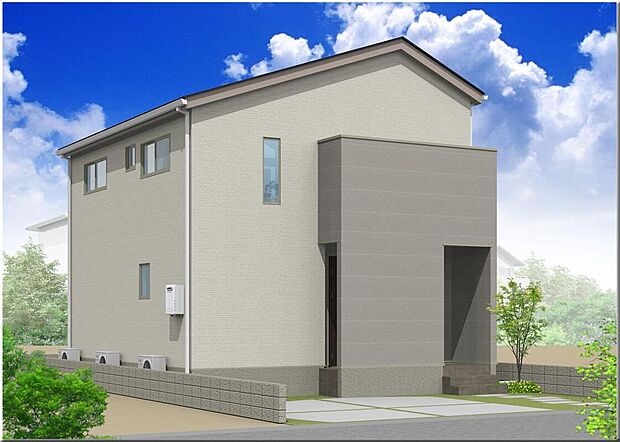 【【外観/28号地モデルハウス(イメージパース)】】切妻屋根のすっきりとしたフォルムに、縦ラインのアクセントを施した外観。シンプルでありながら、さりげなく印象に残るデザインです。