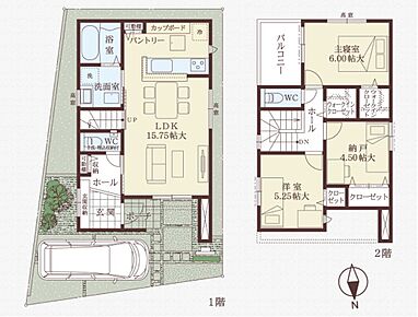 1階に水回りとLDKを集約しており、効率的に家事を行えます。各洋室へはホールから出入りでき、プライベートな時間を確保しやすいです。2つのWICやパントリーがあり、ご家族の持ち物をすっきりと収納可能。 