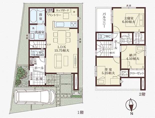 【2LDK＋1S】1階に水回りとLDKを集約しており、効率的に家事を行えます。各洋室へはホールから出入りでき、プライベートな時間を確保しやすいです。2つのWICやパントリーがあり、ご家族の持ち物をすっきりと収納可能。