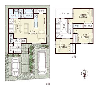 南向きバルコニー付き3LDKの住まい。LDKは上部吹き抜けで開放感があります。ご家族同士、顔を合わせる機会が自然と増える、リビング階段を採用。パントリー、シューズクロークなど収納が豊富で、住空間をスッキリと保てます。※外構費その他諸費用は別途必要 
