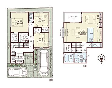 約18.25帖の2階LDKはバルコニーへ繋がり、開放的な空間が広がります。2階に水回りが集約された、家事動線の良いレイアウトです。ファミリークローゼットやWICなど、各居室に収納があり、居住空間を有効に利用できます。 