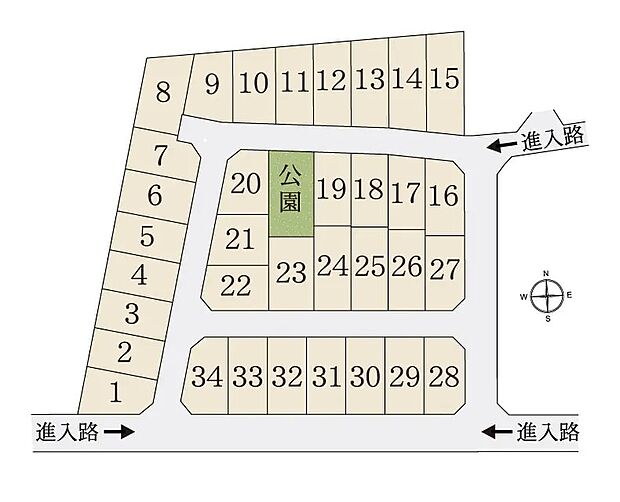 【-】全34区画からなる街並み。敷地の中央付近に公園を備え、周囲には複数箇所の進入路を確保。車の出し入れにも配慮した区画配置です。