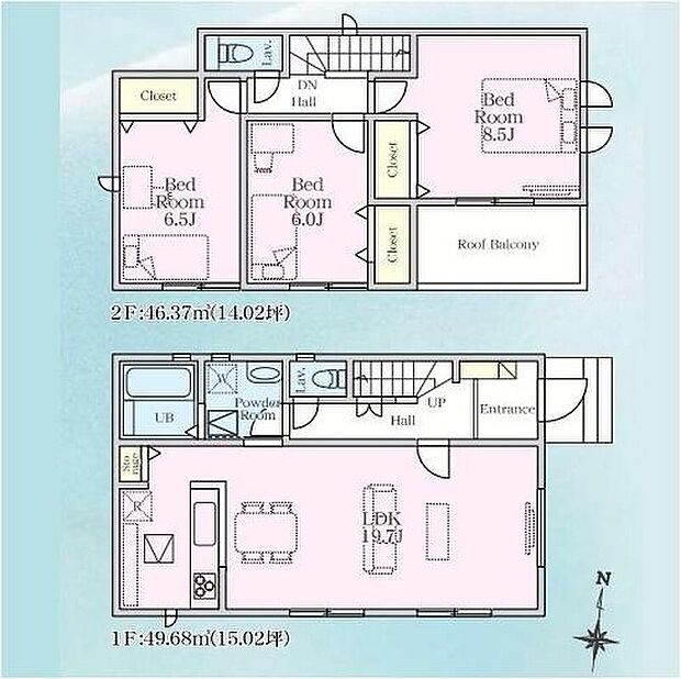 【3LDK】2階に居室をまとめたプラン☆ワイドなルーフバルコニーで
洗濯物もお布団もたくさん干せます◎広々リビングは約19帖！
家具レイアウトの幅も広がります・対面式キッチンからは家族の
様子がわかり安心♪