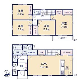対面キッチンからリビングが見渡せる約18帖のLDK☆
リビング階段を採用し、ご家族の会話が自然に生まれる設計です！
パントリー付きなので買いだめしてもすっきり収納できます♪ 