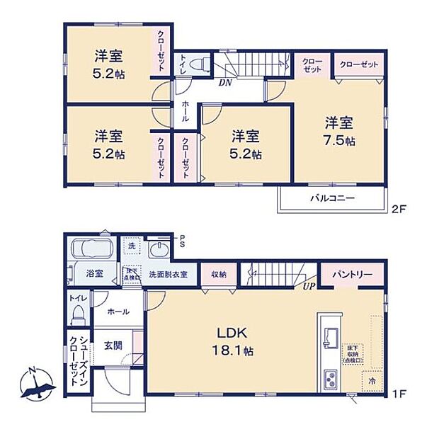 【4LDK】対面キッチンからリビングが見渡せる約18帖のLDK☆
リビング階段を採用し、ご家族の会話が自然に生まれる設計です！
パントリー付きなので買いだめしてもすっきり収納できます♪
