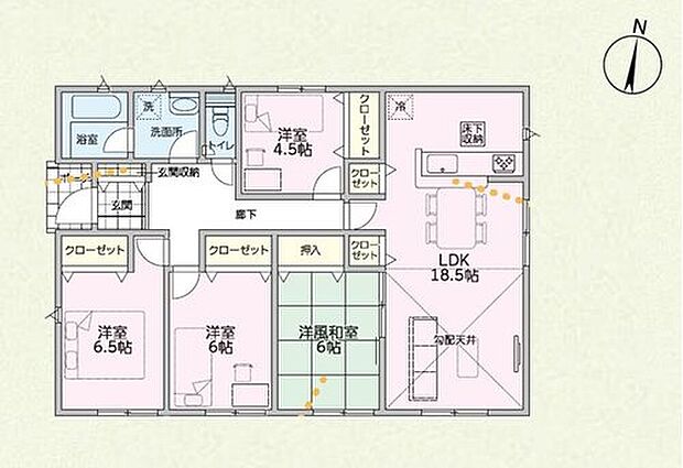 【4LDK】日当たり良好な18.5帖リビングは、勾配天井で明るく開放的な空間です!足を伸ばして寛げる洋風和室付き♪
玄関収納やリビング収納もあり、いつでもすっきり片付くお住まいです◎