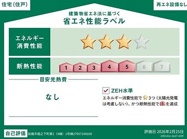 【【省エネ性能ラベル】】こちらの物件はZEH水準を満たした、省エネ性能に優れた物件です。　光熱費を抑えて暮らすことができるだけでなく、「熱の入りにくさ・逃げにくさ」という観点でも影響を受けにくい建物のため、長く快適にお過ごしいただけます♪　※本ラベルは特定の住戸の性能を示すものであり、全ての住戸の性能を示すものではありません。