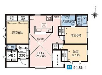 希少な平屋建てプラン！玄関シューズクローク付き☆
LDK21.8帖の広々明るいLDK♪
テーブルやソファ、カーテン選び、レイアウトを考えるのも楽しいですね！ 