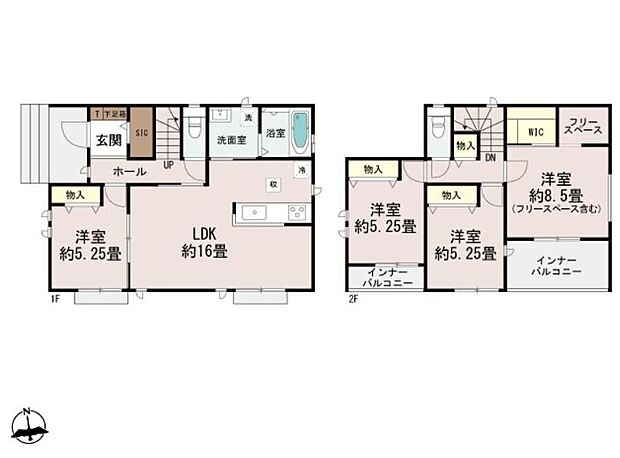 【4LDK】全室南向き陽当たり抜群の4LDKプラン！
暮らしに嬉しい太陽光発電設置住宅♪
LDKと隣接した洋室は客間などライフスタイルに合わせて柔軟に使えます♪
2階の約8.5畳洋室にはWICやフリースペースを完備♪