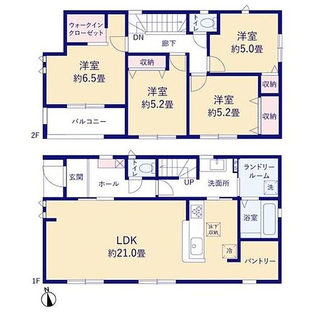 【4LDK】●リビング21帖超え！大型の家具を置いても広々お使いいただけます♪
●まとめ買いに便利な大型パントリーは便利な可動棚付き！
●水回り集中設計で毎日の家事の時短を叶えます☆