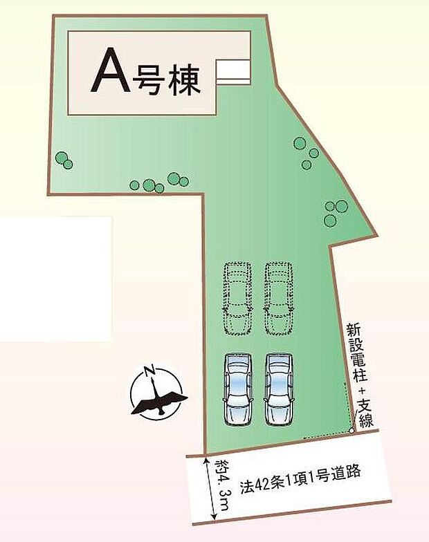 【全体区画図】土地102坪超えの広々敷地！カースペースは４台駐車可能♪建物南側にもゆとりがあり、日当たり・風通し良好です。