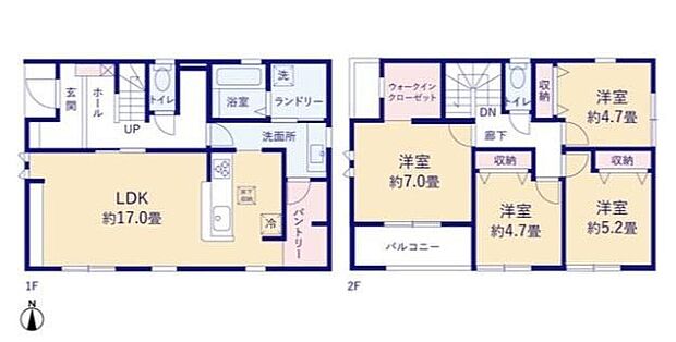 【4LDK】食品や日用品のストックに収納力のあるパントリー!2方向から行けて動線も◎
ゆとりある玄関は家族の出入りや来客時にもゆったりと使えて便利♪
ランドリーと洗面室を分けた、家事ラク設計♪