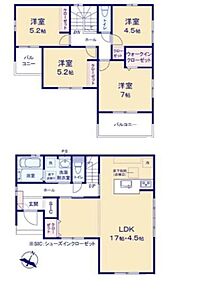 LDK17帖+4.5帖♪対面式キッチン採用☆リビング収納付き♪
SIC、WICなど随所に豊富な収納を完備！水回り集中設計◎
陽当たり良好で開放的な南側バルコニーは2部屋に設置☆ 
