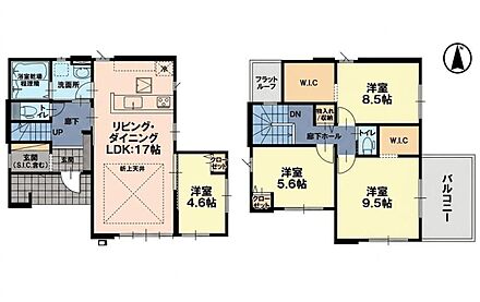 LDK17帖+洋室4.6帖！
LDKの天井部分は折上天井となっており、お部屋が広く見え開放感が生まれます♪SICや主寝室には大容量のWICを完備で収納も充実◎ 