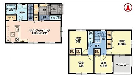 20.2帖の広々リビングは家族のだんらんはもちろん、カウンターもありお子様のリビング学習にもぴったり♪リビングイン階段を採用！
南側に配されたバルコニーは２部屋より出られて便利◎ 