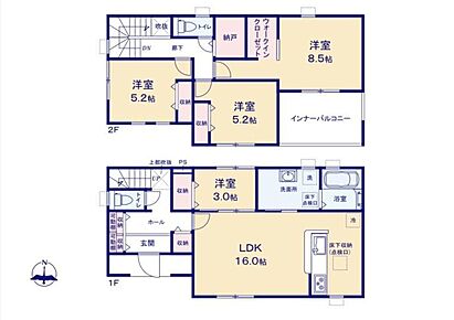 16帖LDK×インナーバルコニーの4LDK♪LDKと洋室を合わせて使える1階洋室で、家族の成長にも対応☆8.5帖の主寝室にはWIC＋納戸を備え、収納力も充実。屋根付きのインナーバルコニーも魅力です♪ 