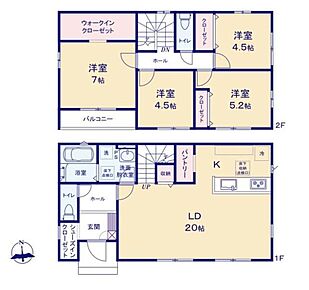 LDK20帖×収納充実の4LDK♪広々LDKは家族が集まりやすい開放的な空間。SICやパントリー、主寝室には大容量WICを備え、収納力も◎。2階4部屋で家族それぞれの空間を確保し、南向きバルコニーも魅力です☆ 