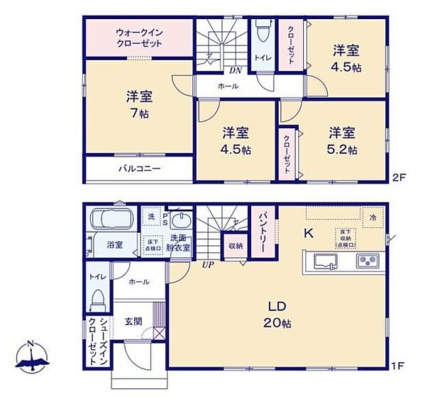 【4LDK】LDK20帖×収納充実の4LDK♪広々LDKは家族が集まりやすい開放的な空間。SICやパントリー、主寝室には大容量WICを備え、収納力も◎。2階4部屋で家族それぞれの空間を確保し、南向きバルコニーも魅力です☆