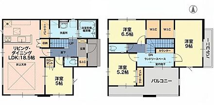 ☆LDK18.5帖＋洋室5帖♪収納充実の4LDK☆
WIC・SIC・パントリーを備え、収納場所を確保！
2階ホールにはカウンターとランドリースペースがあり、家事や作業にも活躍☆バルコニーも2か所設けています♪ 