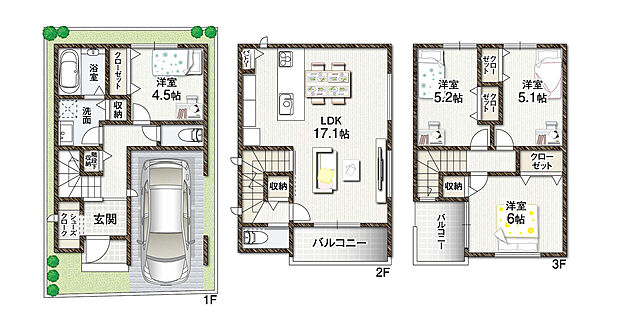 雨に濡れることなく車の乗り降りができるビルトインガレージ。収納力が高く、玄関をスッキリと保てるシューズクローク。タオル類やバスグッズなどをしまっておける洗面収納も便利です。
