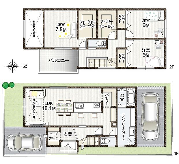 【B号地 参考プラン】
ゆったり3LDK+駐車スペース2台プラン
土地建物セット価格6,480万円
●敷地面積/約105.44m2(約31.89坪)
●建延面積/約106.44m2(約32.19坪)