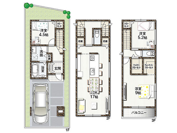 【参考プラン】
3LDK+駐車スペース
●敷地面積/約53.97m2(約16.32坪)
●建延面積/約93.15m2(約28.17坪)