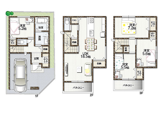 【A号地参考プラン】4LDK+駐車スペース
●敷地面積／約59.62m2（約18.03坪）
●建延面積／約103.73m2（約31.37坪）
