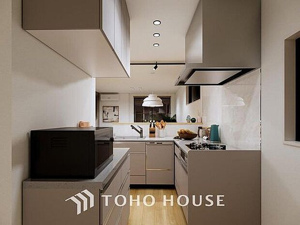 【キッチン】(パース)
優しい温もりを醸し出すカウンターキッチンは料理の為の配慮を散りばめられた仕様です。家事をしながらリビングの様子を見守れる安心感もあります。