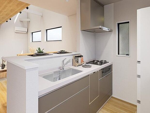 【キッチン（パース）】家事時短の叶うキッチン◎食洗器付き！収納も豊富で綺麗すっきり！