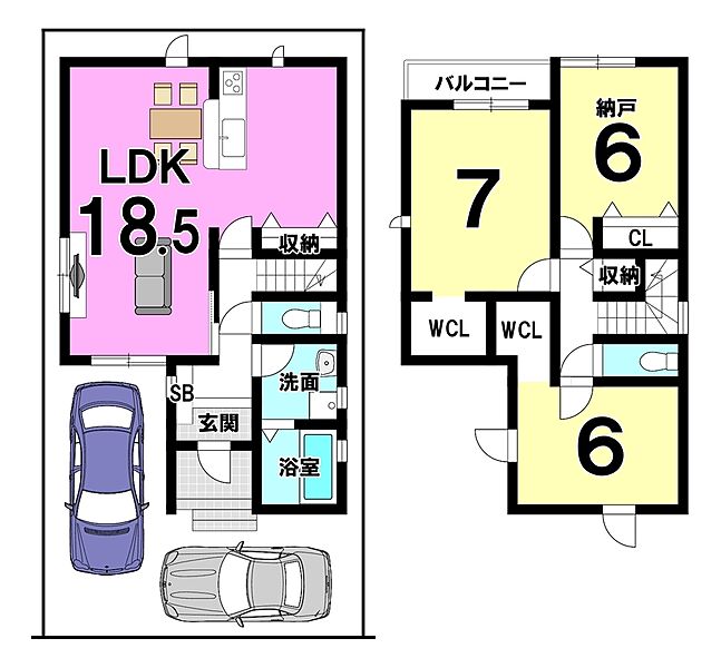 【間取り図】
リビング広々１８.５帖確保！
２階にはWCLが２つありお家がスッキリ片付きますね
♪