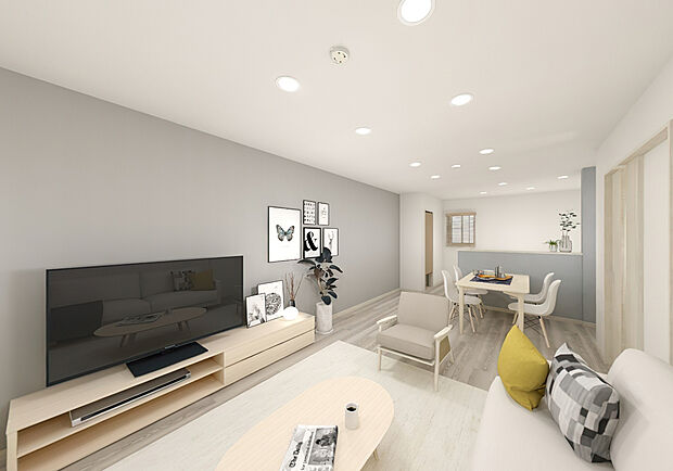 【完成イメージパース/リビング】
みんなで長い時間を過ごすリビングは一番居心地のいいものであって欲しいですね。広々リビング19.4帖に光と風を呼び込みます。