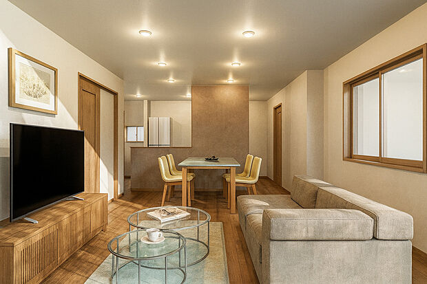 ■リビング
18帖超のリビングはソファなどの大きな家具を置いてもゆとりのある広さです♪
※こちらは参考プランのイメージパースであり、実際の仕上がりとは異なる場合があります。