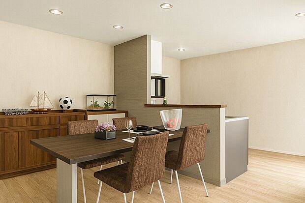 【【イメージパース】】対面式のシステムキッチンでお料理しながら会話を楽しんだり、お子様の宿題や、遊んでいる様子を確認することもできます♪