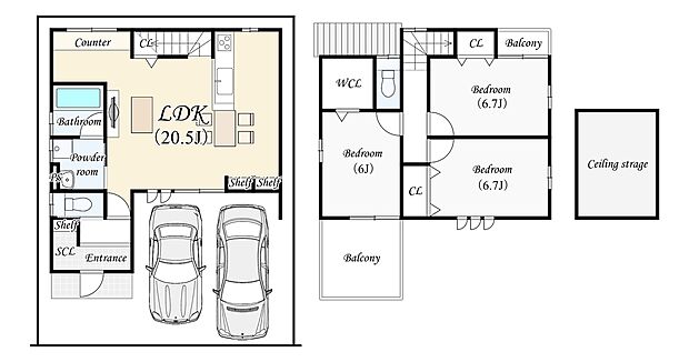 【１４号地：新築参考プラン】■土地2738万円（95.03ｍ2）■建物1924万円（92.75ｍ2）　南西向きのワイドバルコニーでお洗濯物も一気に干せますね！リビングにはタナが２か所あり、お部屋がすっきり片付きますね！