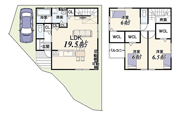 【3LDK】19.5帖のリビングは吹抜があり開放的!
収納付きで家事の道具もスッキリ収納可能!