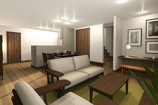 【【新築参考プラン・イメージパース】】広々リビングで家族でゆったりくつろぐことができます!