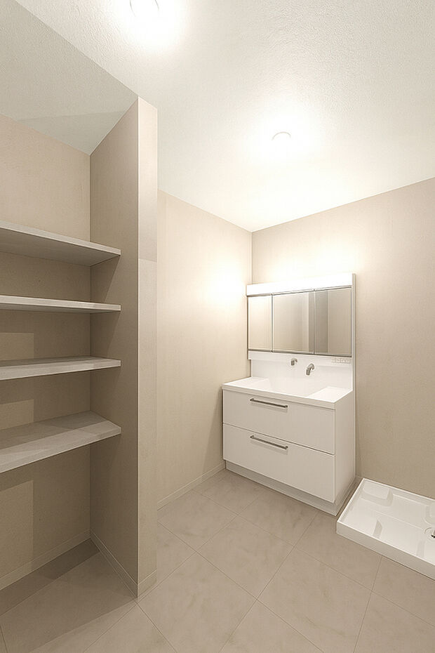 【 【平屋:内観イメージパース】】ゆとりある洗面はお風呂あがりの身支度時でも家族でゆったり使える広さです!