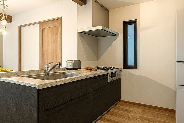 【内観パース図:キッチン】キッチンワークしながら大切な家族との会話を楽しむ。家族のコミュニケーションが生まれるキッチンです♪