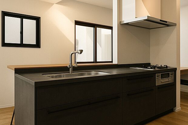 【2号地（パース図：キッチン）】
「こんなお家に住みたい！」を可視化。お客様のご希望の間取りでパースの作成も可能です。（※実際の色味や材質とは異なる場合がございます）
