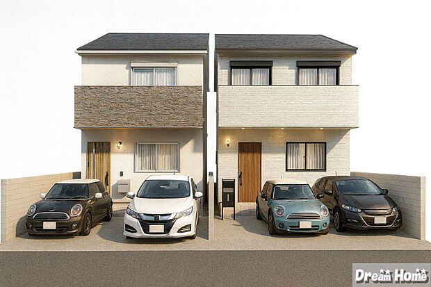 【パース図:分譲町並み】\全2区画の新築分譲地/
「こんなお家に住みたい!」を可視化。お客様のご希望の間取りでパースの作成も可能です。(※実際の色味や材質とは異なる場合がございます)